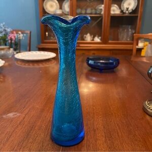 Blue Crackle Glass w/Ruffled Top Edge Vase - Mid-Century Modern Vintage - EUC